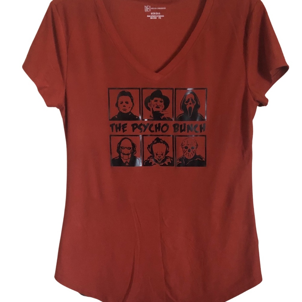 Burnt orange women’s vneck top Halloween horror movie themed the psycho bunch